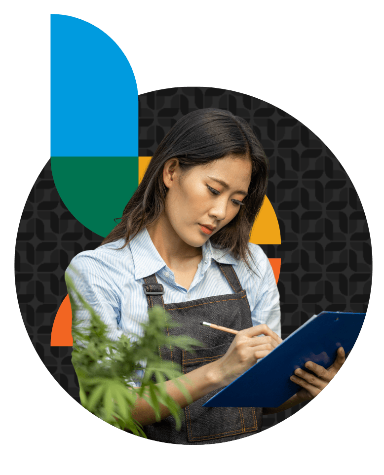 Woman with Bookkeep Logo & Cannabis Plant